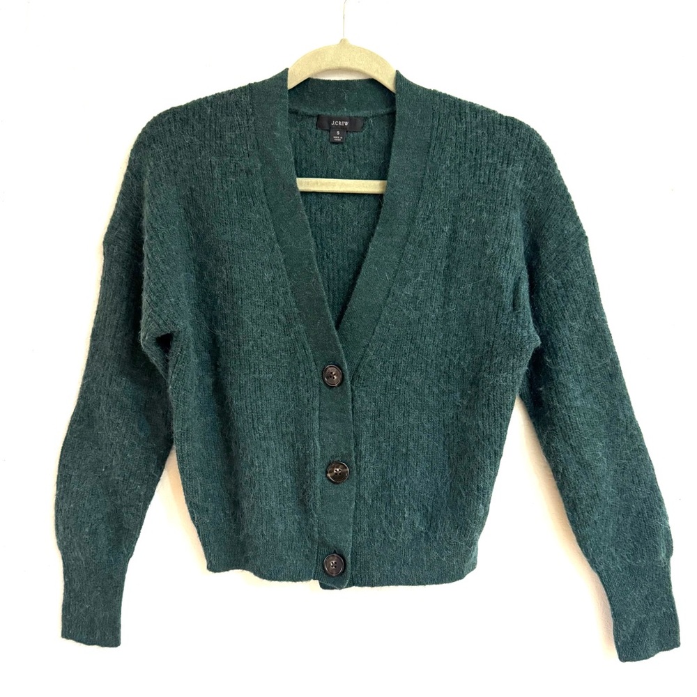 J. Crew Forest Green V neck small crop alpaca wool blend cardigan
